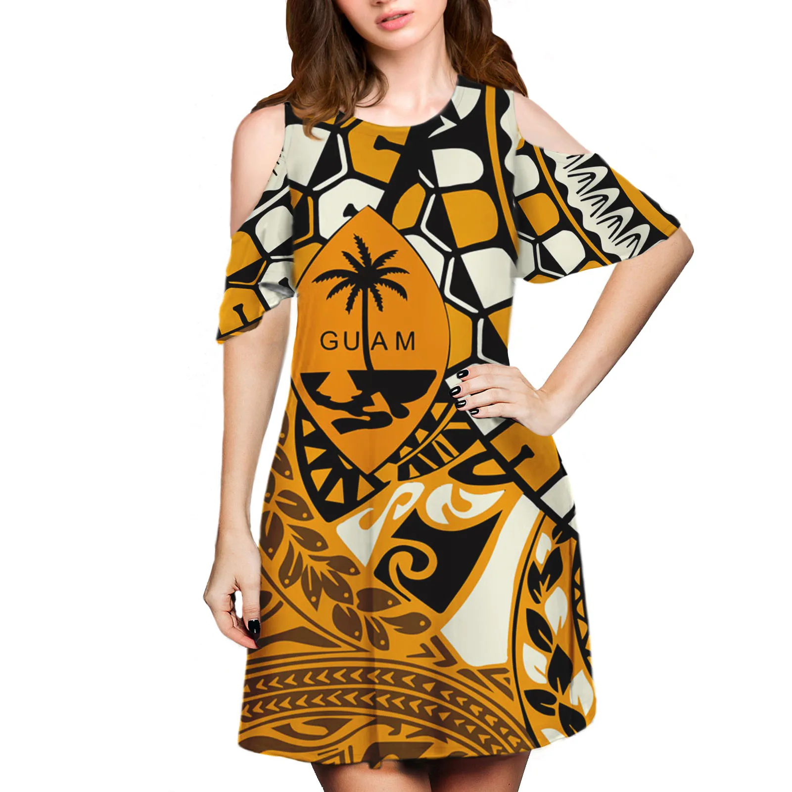 

Hot Sale Custom Guam Ladiess Hort Sleeve Dress Polynesia Tribal Yellow Background With Stripes Print Women's Hawaii Clothing