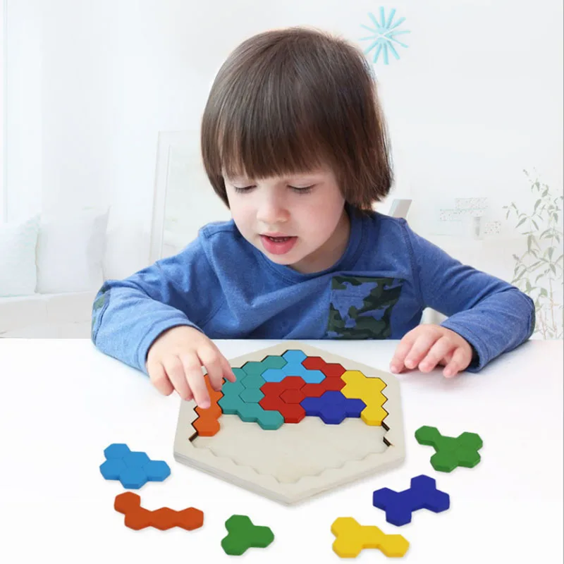 

14 PCs Wooden Hexagon Puzzle Brain Teasers for Kids Geometric Logic Tangrams Challenge Blocks for All Ages