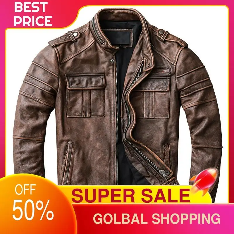 2021 Vintage Brown Casual Style Genuine Leather Jacket Men Stand Collar Plus Size 4XL Real Natural Cowhide Slim Fit Autumn Coat
2021 Vintage Brown Casual Style Genuine Leather Jacket Men Stand Collar Plus Size 4XL Real Natural Cowhide Slim Fit Autumn Coat