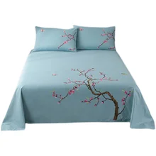 Thick embroidered Plum blossom Luxury Cotton Bed Sheet Set 3 Piece Queen Bedding Sets Flat Sheet & Pillowcases Light Blue