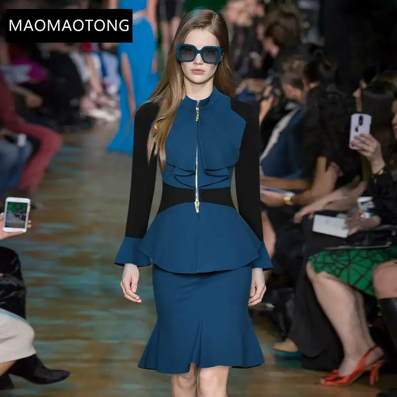 Fashion Designer Autumn Blue Skirts Suit Women Ruffles Long sleeve Top and Sheath Mermaid Skirts Two-Piece Set
Fashion Designer Autumn Blue Skirts Suit Women Ruffles Long sleeve Top and Sheath Mermaid Skirts Two-Piece Set