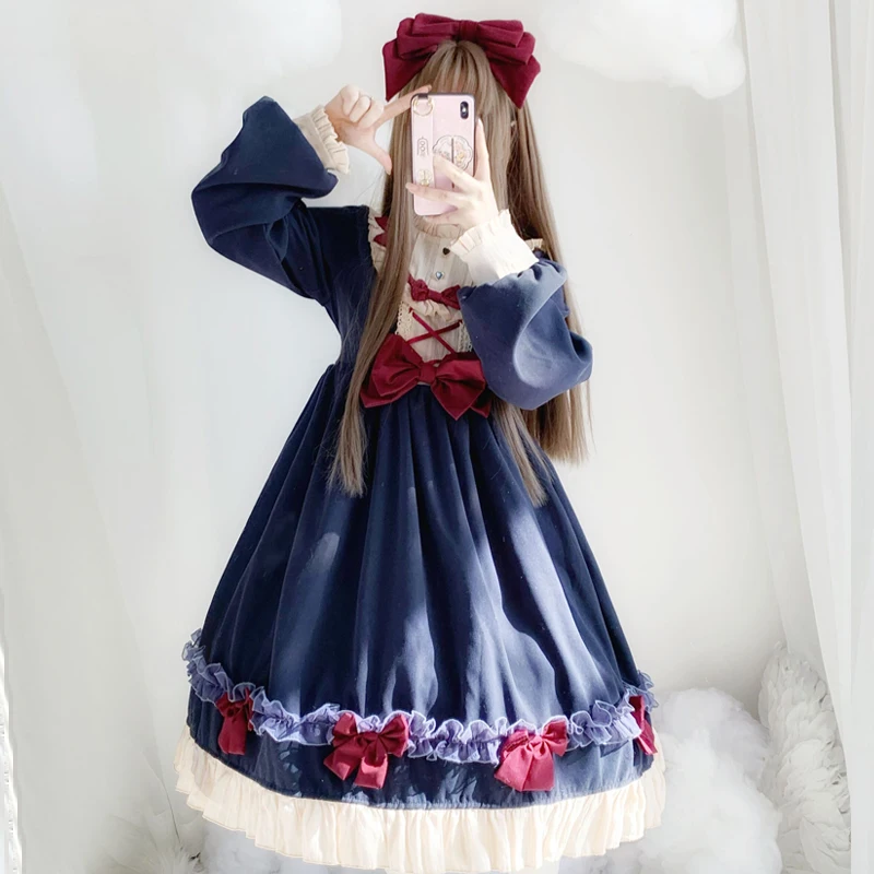 Women Soft sister Lolita Dress Long sleeve Young Girl Student Autumn Winter Bowknot Ruffle Splice Dark Blue OP Dress Cosplay
Women Soft sister Lolita Dress Long sleeve Young Girl Student Autumn Winter Bowknot Ruffle Splice Dark Blue OP Dress Cosplay
