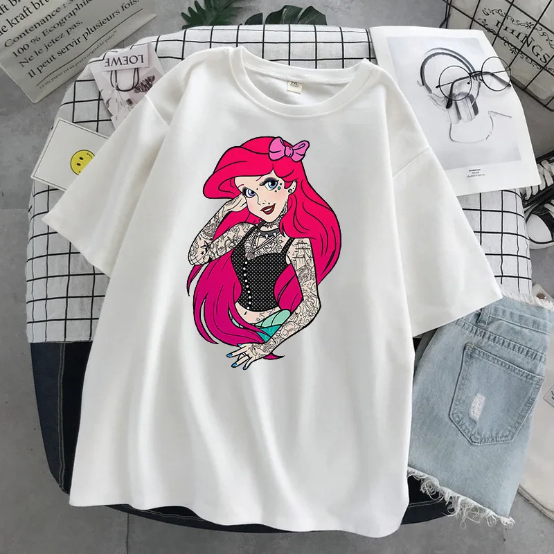 

2021 Disney Princess T-shirt Spoof Princess Alice Bad Girl Off-white Print Loose Street Animation Loose Short Sleeves