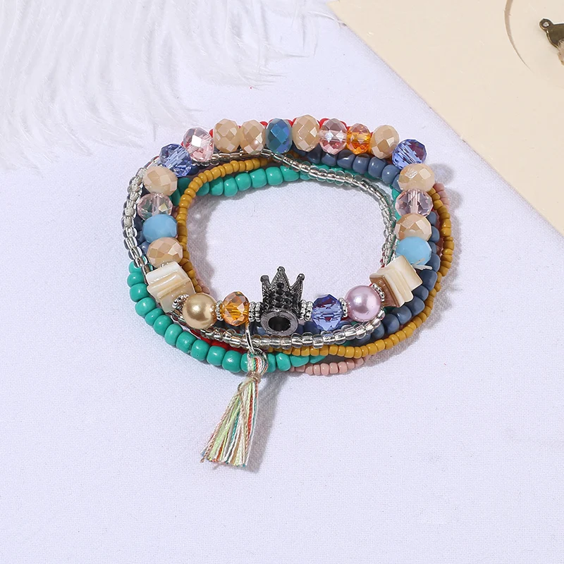 

HANJING Ethnic Bohemian Tassel Crown Bracelet & Bangle For Women Boho Multilayer Crystal Beads Bracelet Set Female Jewelry