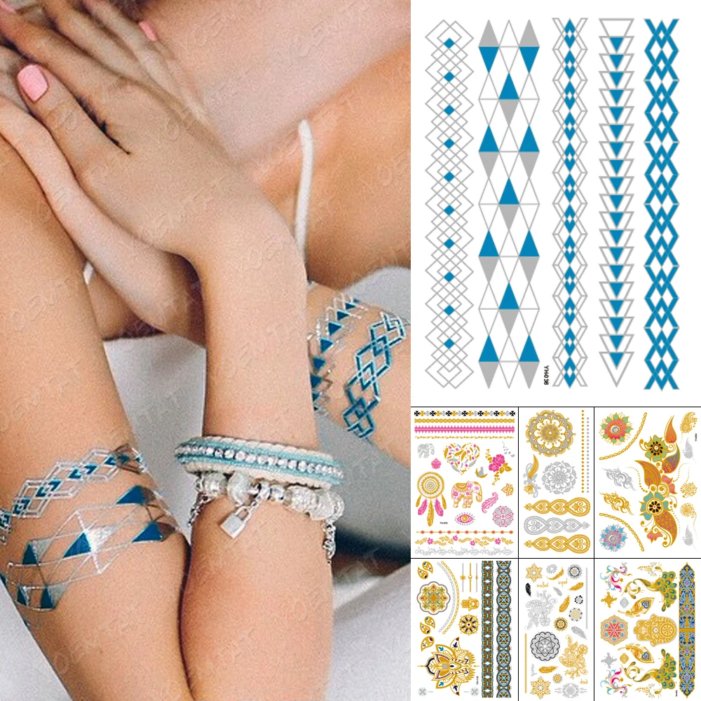 Waterproof Temporary Tattoo Sticker Metal Gold Silver Blue Bracelet Mandala Flower Flash Tatoo Female Henna Body Art Fake Tatto
Waterproof Temporary Tattoo Sticker Metal Gold Silver Blue Bracelet Mandala Flower Flash Tatoo Female Henna Body Art Fake Tatto