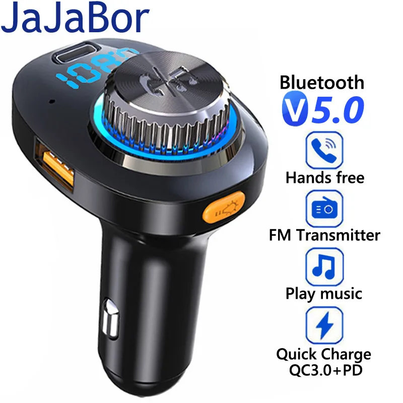 

JaJaBor Car FM Transmitter QC3.0 PD20W Fast Charging SD Card U Disk Play Handsfree Bluetooth-compatible 5.0 Car Kit FM Modulator