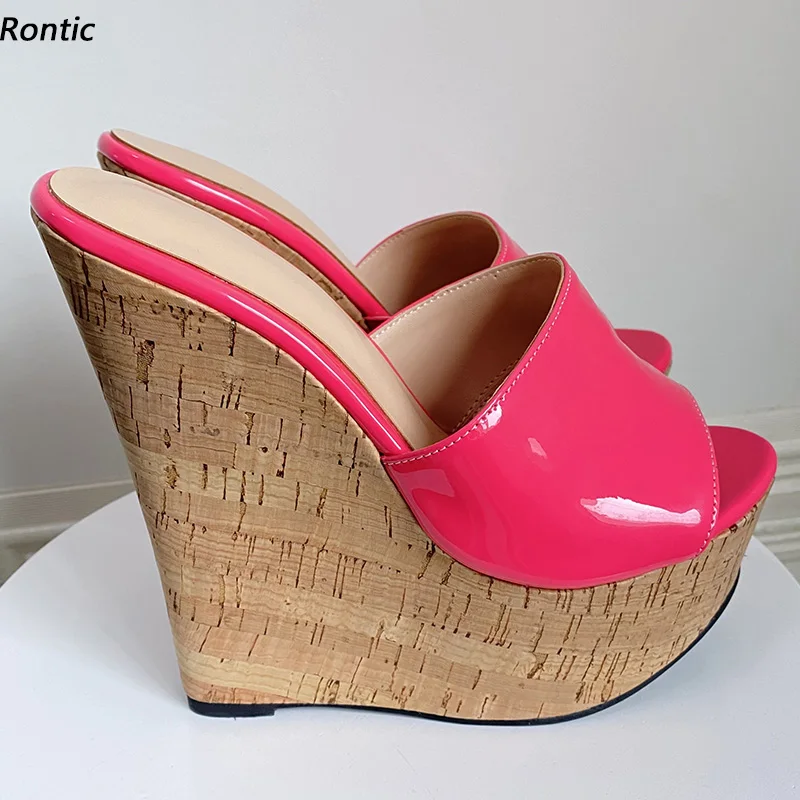 

Rontic New Arrival Women Platform Mules Sandals Patent Unisex Wedges Heels Open Toe Gorgeous Fuchsia Party Shoes US Size 5-20