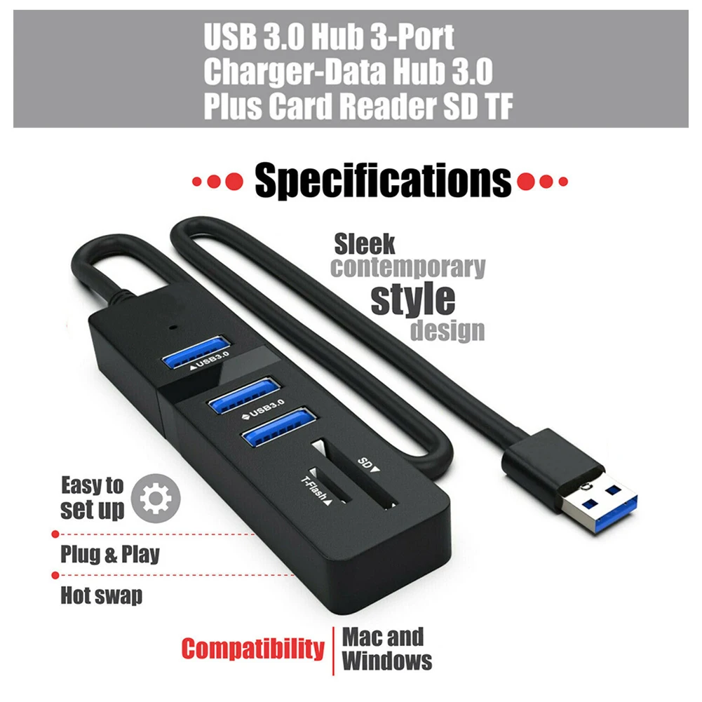 5 in 1 USB 3.0 HUB Docking Splitter 5Gbps Transmission Speed 3 USB 3.0 SD TF Card Reader Adapter Station for Laptop Notebook PC
5 in 1 USB 3.0 HUB Docking Splitter 5Gbps Transmission Speed 3 USB 3.0 SD TF Card Reader Adapter Station for Laptop Notebook PC