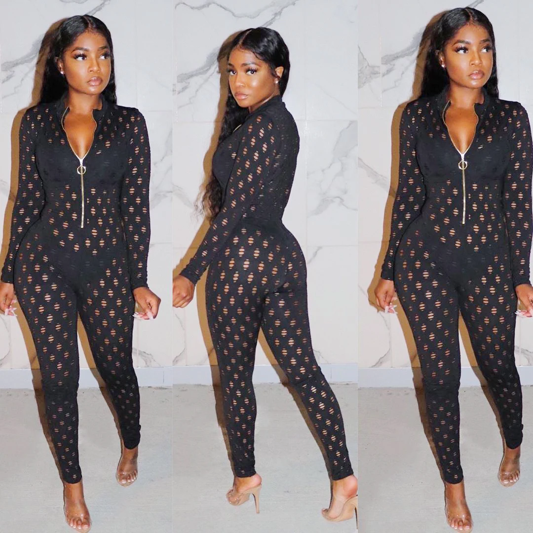 European and American New Fashion Sexy Hollow Black Ladies Large Size Lace Hole Long Sleeve Zipper One-piece Trousers 
European and American New Fashion Sexy Hollow Black Ladies Large Size Lace Hole Long Sleeve Zipper One-piece Trousers
