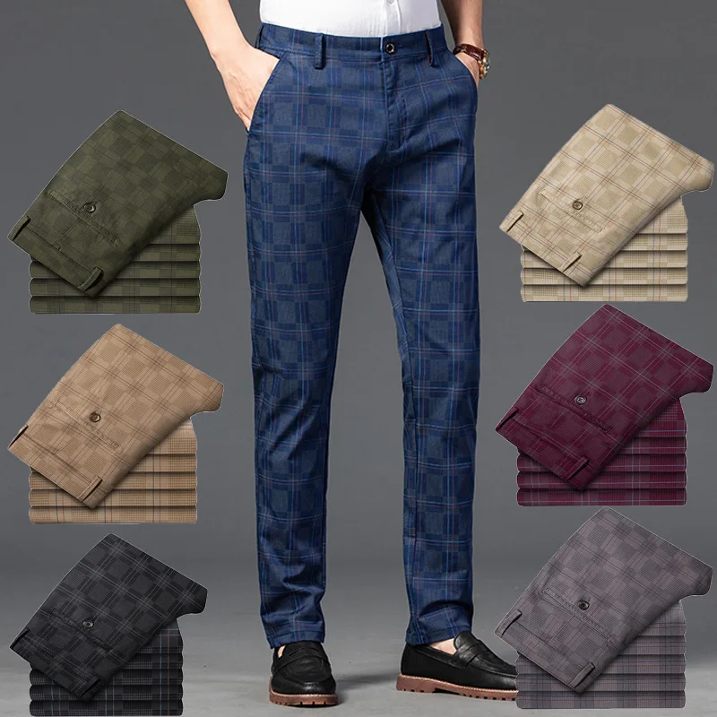 Fashion streetwear men clothing 7 Color 2021 Spring summer men's straight slim casual pants trousers trend black Plaid pants men