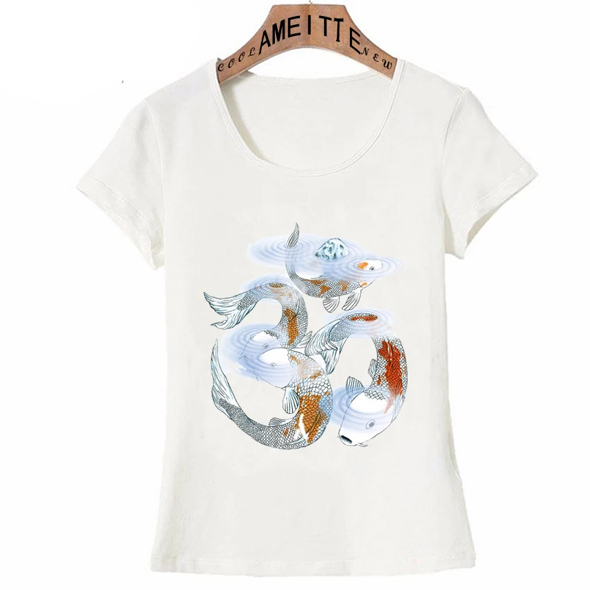 AMEITTE New Summer Fashion Women T-Shirt Lotus Om Koi Print Cute Girl Casual Top Funny Fish Zen Art Design Woman Tees | Женская одежда
