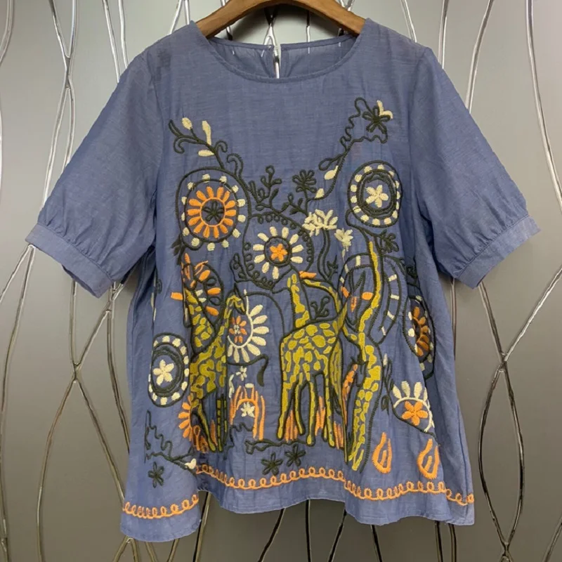 Newest Fashion Tops 2021 Summer Fashion Blouses Women O-Neck Cute Animal Embroidery Short Sleeve Casual Loose Tops Blue Black
Newest Fashion Tops 2021 Summer Fashion Blouses Women O-Neck Cute Animal Embroidery Short Sleeve Casual Loose Tops Blue Black