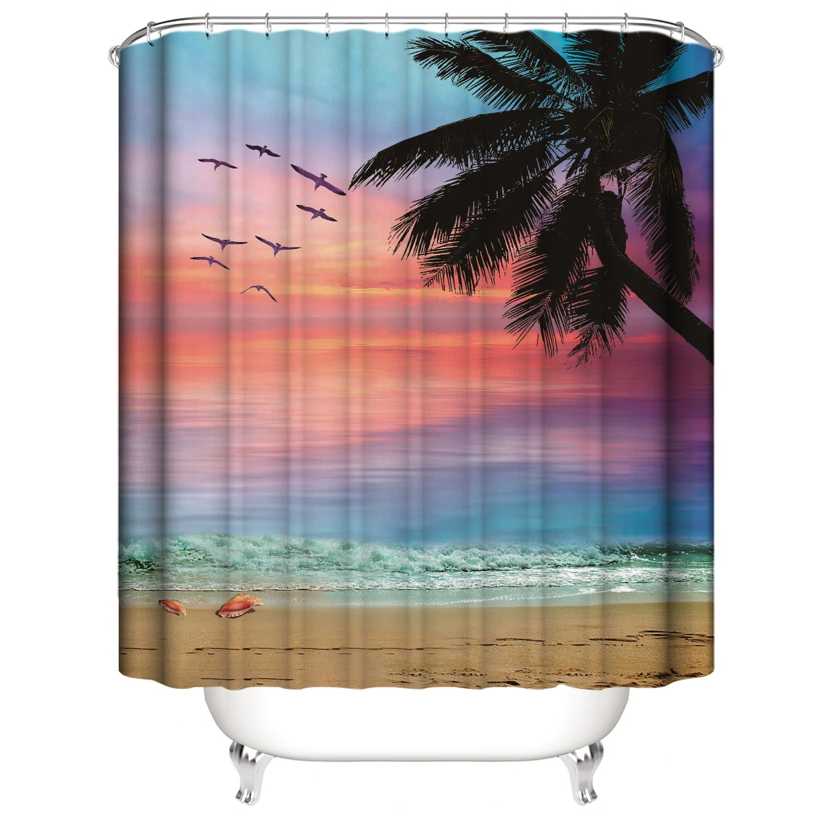 

Shower Curtain, Palm Tree Decor Ocean Beach Seascape Through Summer Scene Tropical Island Blue Green, Waterproof Cloth Fabric B