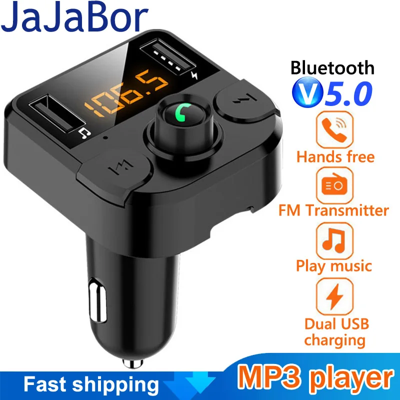 

JaJaBor Bluetooth 5.0 Car Kit Wireless FM Transmitter Handsfree Calling A2DP Music Playing 2.1A 1A Dual USB Car Charger