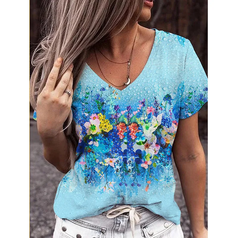 Women's summer fashion printed short-sleeved top shirt Ladies casual cotton short-sleeved V-neck printed casual loose T-shirt
Women's summer fashion printed short-sleeved top shirt Ladies casual cotton short-sleeved V-neck printed casual loose T-shirt
