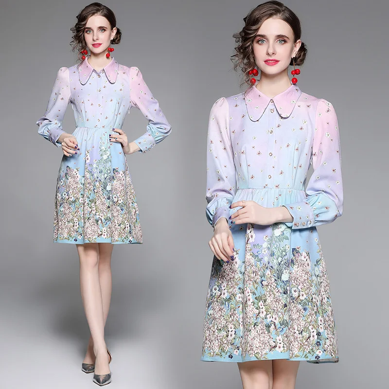 Fashionable women's wear 2021 new doll collar long sleeve elegant trendy waist A-line skirt gradient color printing dress
Fashionable women's wear 2021 new doll collar long sleeve elegant trendy waist A-line skirt gradient color printing dress