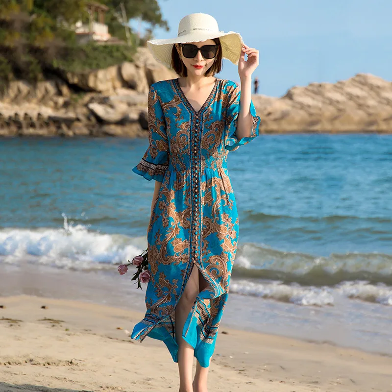 Blue Silk Dress 2021 Summer New Product V-neck Elegant Flared Sleeves Printed Slit and Elegant Big Swing Beach Dress
Blue Silk Dress 2021 Summer New Product V-neck Elegant Flared Sleeves Printed Slit and Elegant Big Swing Beach Dress