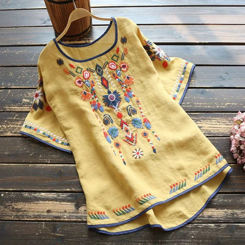 Summer Arts Style Women Short Sleeve Loose T-shirt Floral Embroidery Cotton Linen Vintage Tee Shirt Femme Tops Plus Siz S940
Summer Arts Style Women Short Sleeve Loose T-shirt Floral Embroidery Cotton Linen Vintage Tee Shirt Femme Tops Plus Siz S940