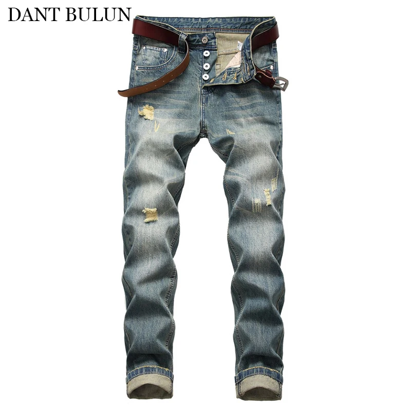 

Men's Ripped Jeans Slim Fit Vintage Soft Denim Trouser Scratched Distressed Button Fly Pants For Male Blue Jean