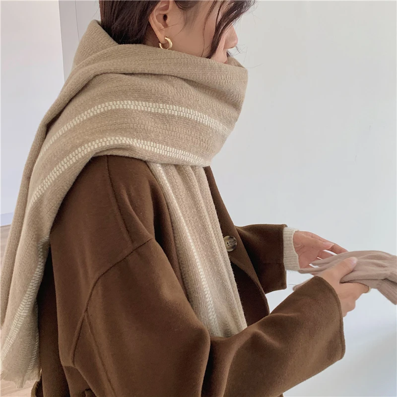 

Luna&Dolphin Women Winter Warm Scarf Knitted Camel Thick Striped Soft Wool Tippet Pashmina Blanket Shawl Imitation Cashmere