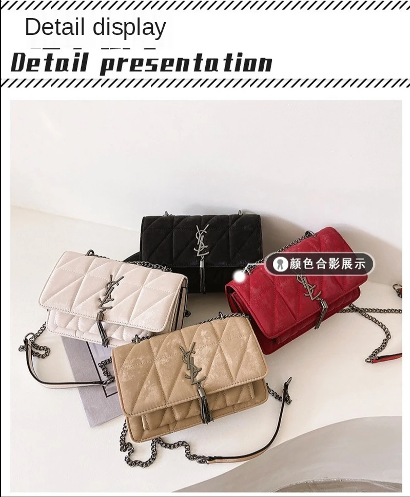 European and American solid color clamshell handbag Pu suede diagonal metal English YSF tassel chain Shoulder Bag Messenger Bag
European and American solid color clamshell handbag Pu suede diagonal metal English YSF tassel chain Shoulder Bag Messenger Bag