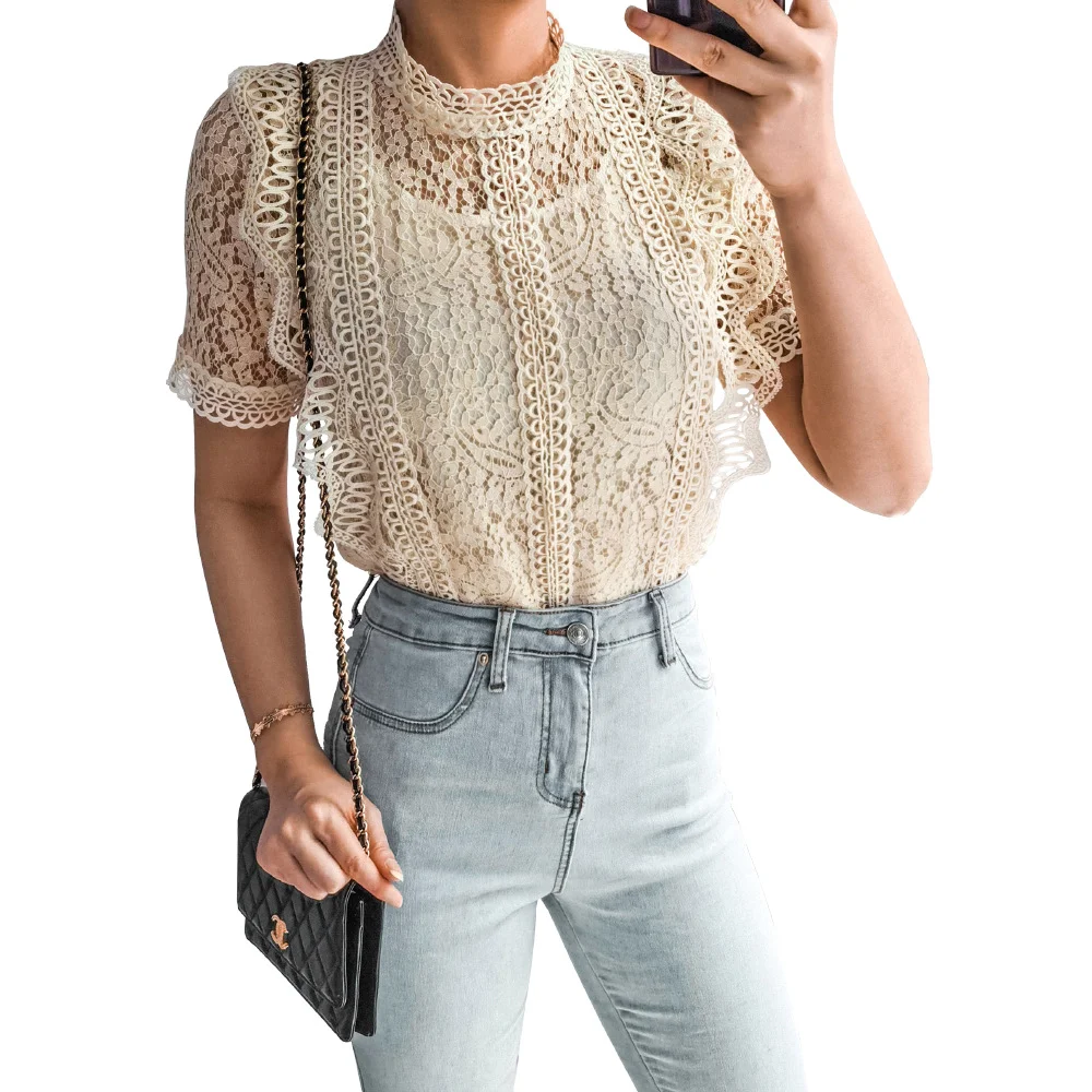 Summer Elegant Lace Tops Women Stand Collar Short Sleeve Fashion T Shirts Flower Temperament Tee Slightly Transparent Top Blouse
Summer Elegant Lace Tops Women Stand Collar Short Sleeve Fashion T Shirts Flower Temperament Tee Slightly Transparent Top Blouse