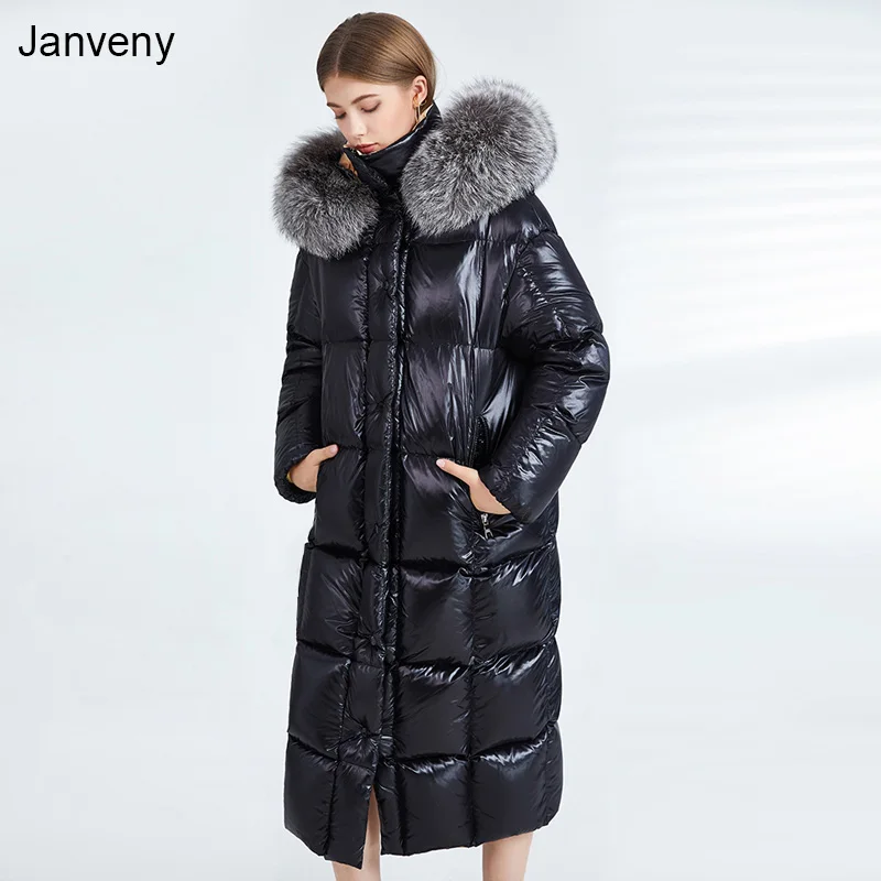 Janveny блестящая Водонепроницаемая длинная пуховая куртка для женщин с большим
