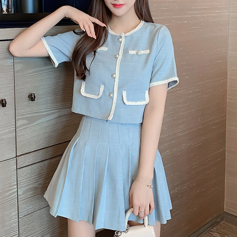Women Summer 2 Piece Sets Korean Elegant Single Breasted O-Neck Short Sleeve Tops High Waist Mini Pleated Skirts Outfits
Women Summer 2 Piece Sets Korean Elegant Single Breasted O-Neck Short Sleeve Tops High Waist Mini Pleated Skirts Outfits