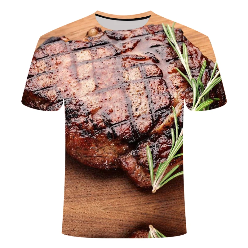 

2021 new summer short-sleeved pork beef T-shirt black pepper steak men's 3DT shirt hip-hop street funny animal cow top food pig