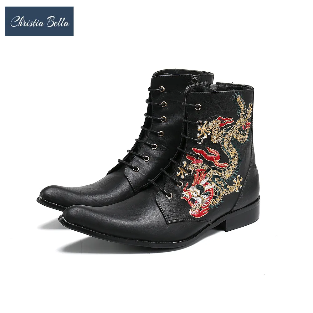 Christia Bella British Vintage Dragon Embroidery Men Genuine Leather Boots Party Pointed Toe Ankle Boots Lace Up Cowboy Boots
Christia Bella British Vintage Dragon Embroidery Men Genuine Leather Boots Party Pointed Toe Ankle Boots Lace Up Cowboy Boots