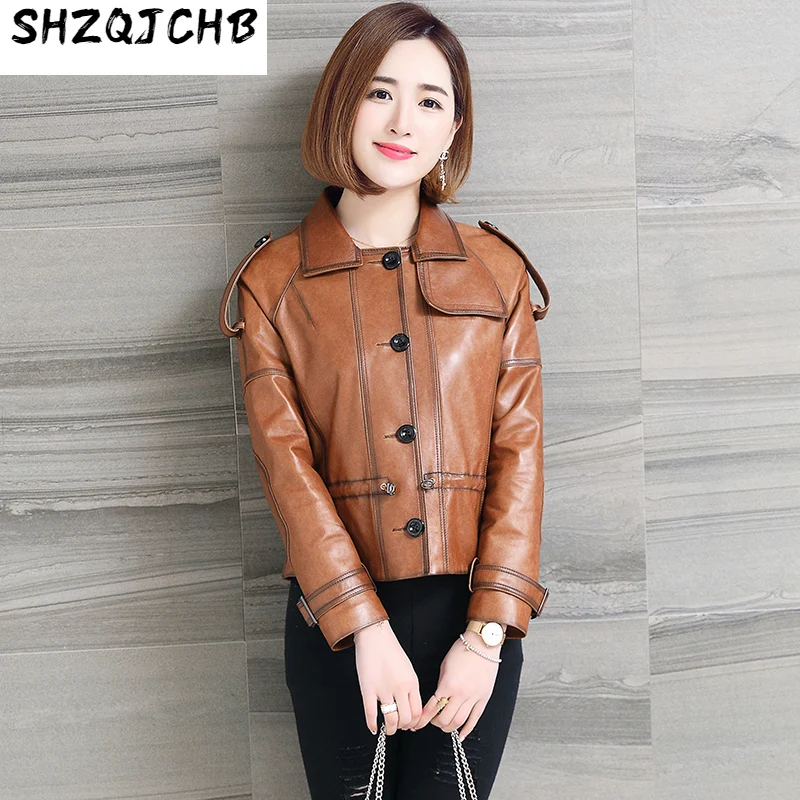 

SHZQ 2021 кожаная одежда для весны и осени женская короткая приталенная куртка из овечьей кожи пальто локомотивная меховая Корейская версия од...
