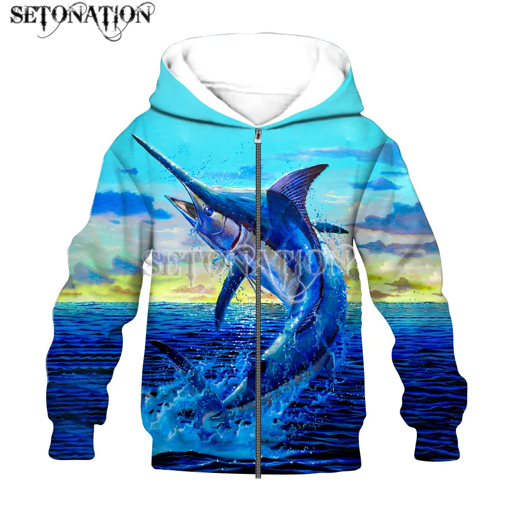 The sea creature swordfish 3D print boys/girls Flannelet thickening type Children zipper coat Sweatshirt/Hooded//family | Мать и ребенок