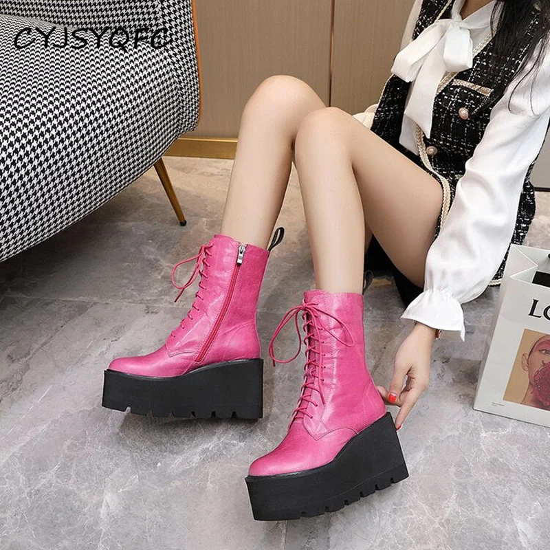 CYJSYQFC High Quality Genuine Leather Wedges Platform Women Ankle Boots Round Toe Lace Up Thick Bottom Ladies Plush Velvet Boots
CYJSYQFC High Quality Genuine Leather Wedges Platform Women Ankle Boots Round Toe Lace Up Thick Bottom Ladies Plush Velvet Boots