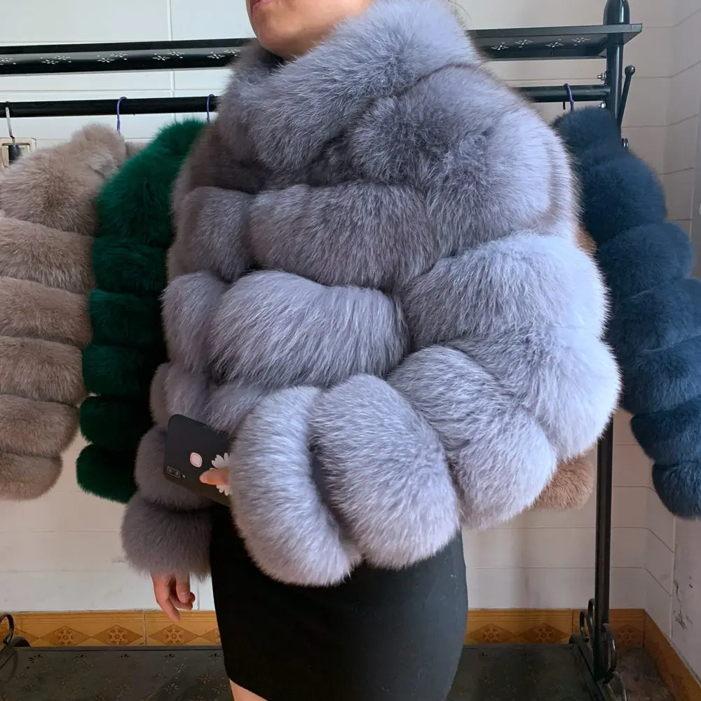 Женское пальто из натурального меха лисы зимняя куртка для девочек синего