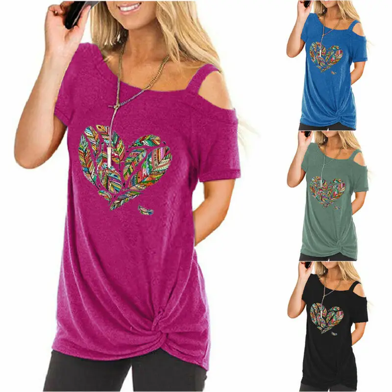 Womens T Shirt Ladies Summer Printing T-shirts Short-Sleeve Cold Shoulder Heart Pattern Printed Ladies Tops 
Womens T Shirt Ladies Summer Printing T-shirts Short-Sleeve Cold Shoulder Heart Pattern Printed Ladies Tops