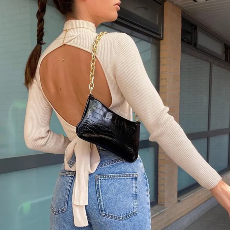 Sexy Lace Up Knitted Sweater Women Mock Neck Backless Long Sleeve Female Pullover Streetwear Solid Slim Crop Tops Short Sweaters
Sexy Lace Up Knitted Sweater Women Mock Neck Backless Long Sleeve Female Pullover Streetwear Solid Slim Crop Tops Short Sweaters
