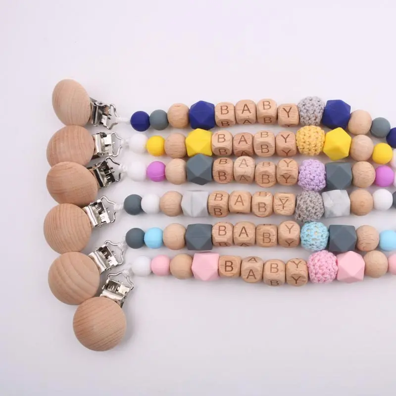 Silicone Wood Pacifier Clips Safe Teething Chain Baby Teether Eco-friendly Dummy Clips Holder