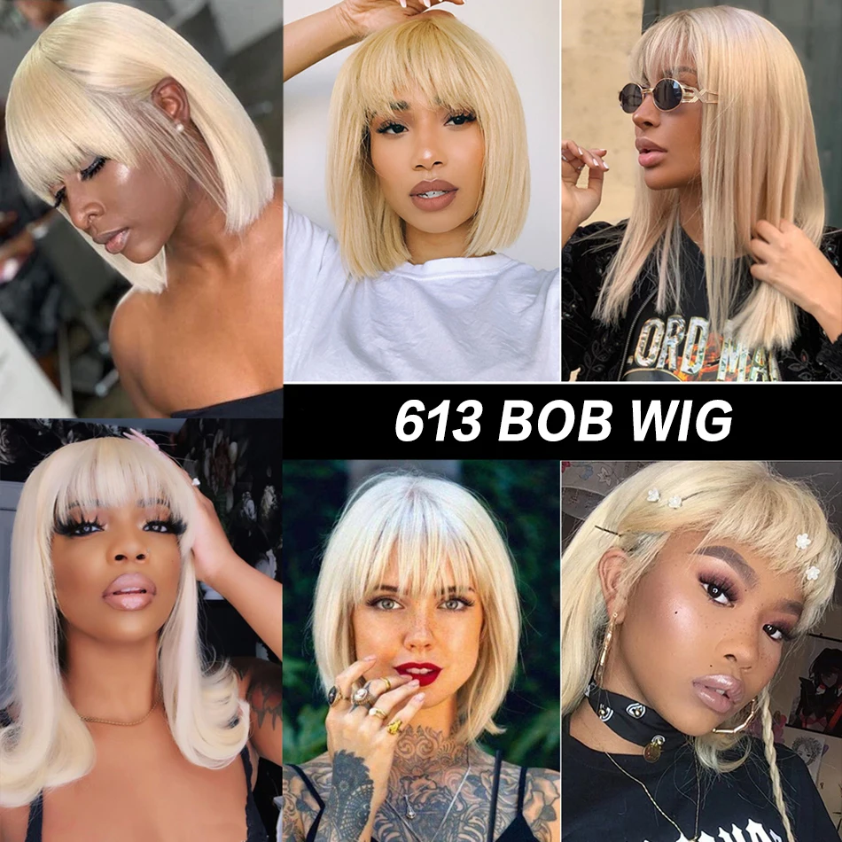 

613 Honey Blonde Bob Wig With Bangs 180% Density Straight Short Brazilian Human Hair Non Lace Front Wig For Black Women Cheap