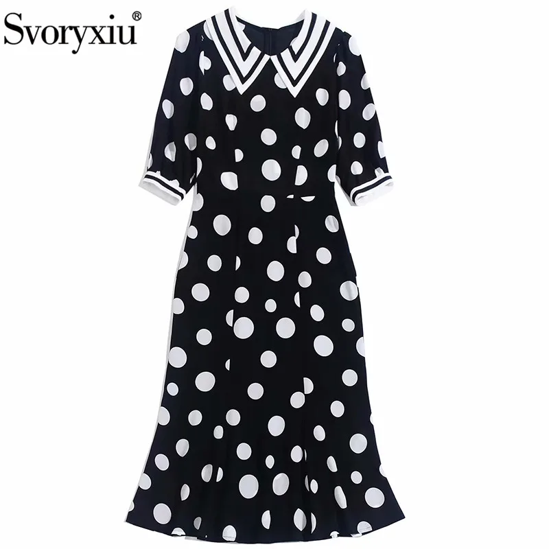 Svoryxiu Runway Custom Summer Plus Size Silk Dress Women's Fashion Short Sleeve Peter Pan Collar Dot Print Midi Dresses