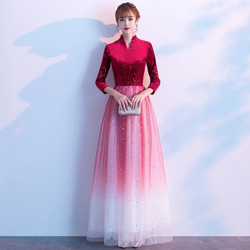 AE499 2020 Evening Dress Wine Red Gradient Color Long Formal Gown Three Quater Sleeve V-neck Fashion Party Gown
AE499 2020 Evening Dress Wine Red Gradient Color Long Formal Gown Three Quater Sleeve V-neck Fashion Party Gown