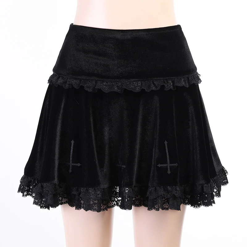 Summer High Waist Black Goth Mini Skirt Lace Suede Punk Skirts Harajuku Streetwear Women Cross-Embroidered Gothic Clothes
Summer High Waist Black Goth Mini Skirt Lace Suede Punk Skirts Harajuku Streetwear Women Cross-Embroidered Gothic Clothes