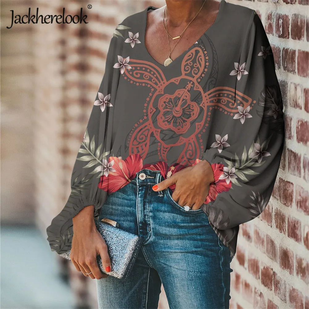 

Jackherelook, женские топы, свободные блузки, весна 2020, гавайский гибискус, черепаха, цветочный принт, шифоновая рубашка с длинным рукавом Blusas Mujer