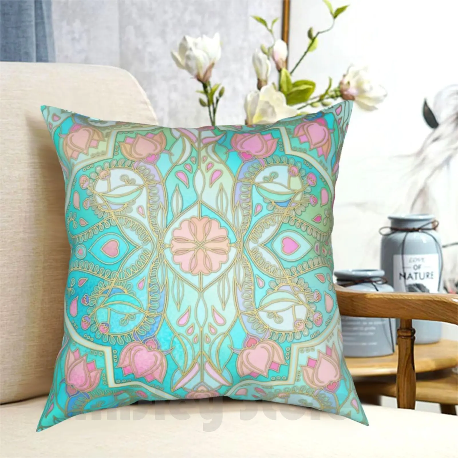 

Floral Moroccan In Spring Pastels-Aqua , Pink , Mint & Peach Pillow Case Printed Home Soft DIY Pillow cover Pattern Pink