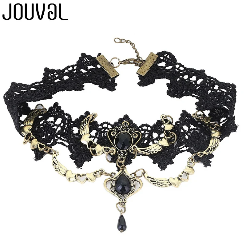 JOUVAL Collares сексуальные готические Чокеры с кристаллами черное кружевное ожерелье