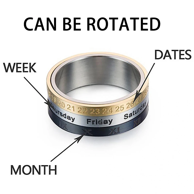 Men Titanium Steel Punk Rotatable Spinner Date Time Calendar Roman Numerals Finger anxiety fidget Ring Fashion Party for women | Украшения