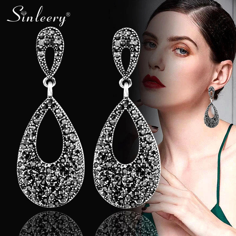 

SINLEERY Retro Full Black Cubic Zirconia Hollow Teardrop Big Drop Earrings Antique Silver Color Statement Jewelry ES116 SSB