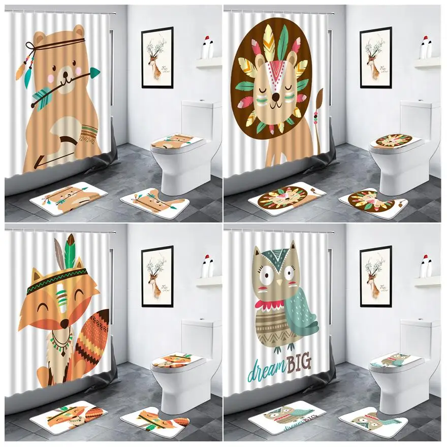Cartoon Animals Children Bathroom Shower Curtain Bear Lion Fox Owl Indian Boho Style Toilet Decor Bath Mat Non-slip Mats Rug Set
Cartoon Animals Children Bathroom Shower Curtain Bear Lion Fox Owl Indian Boho Style Toilet Decor Bath Mat Non-slip Mats Rug Set