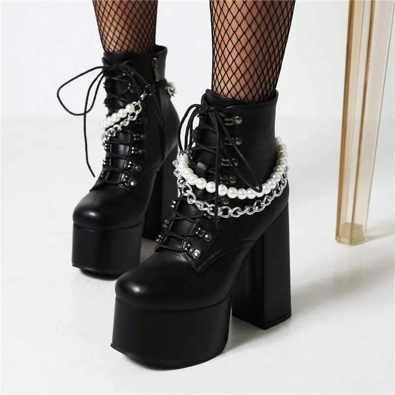 Женские ботинки на платформе Goth Черные ботильоны массивном каблуке со шнуровкой