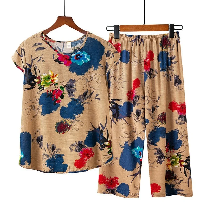 Cotton Women 2 Piece Set Loose Print Short Sleeve Tops + Pants Suits Middle-aged Mother Summer Clothes 4XL Y919
Cotton Women 2 Piece Set Loose Print Short Sleeve Tops + Pants Suits Middle-aged Mother Summer Clothes 4XL Y919