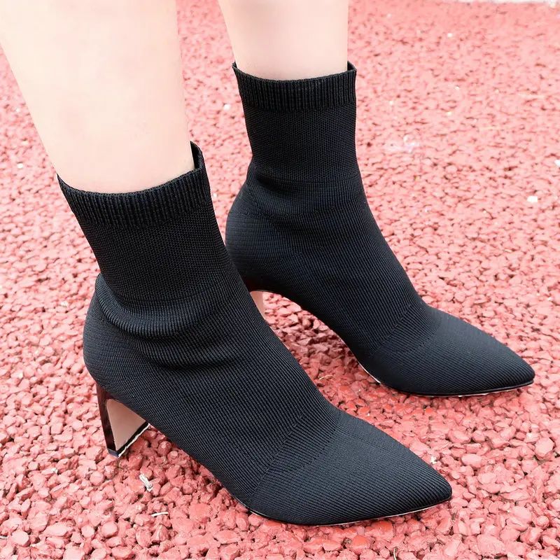 Sock Boots Women Stretch Knitting Square High Heel Ankle Boots Fashion Black Pointed Toe Autumn Spring Ladies Shoes Black
Sock Boots Women Stretch Knitting Square High Heel Ankle Boots Fashion Black Pointed Toe Autumn Spring Ladies Shoes Black